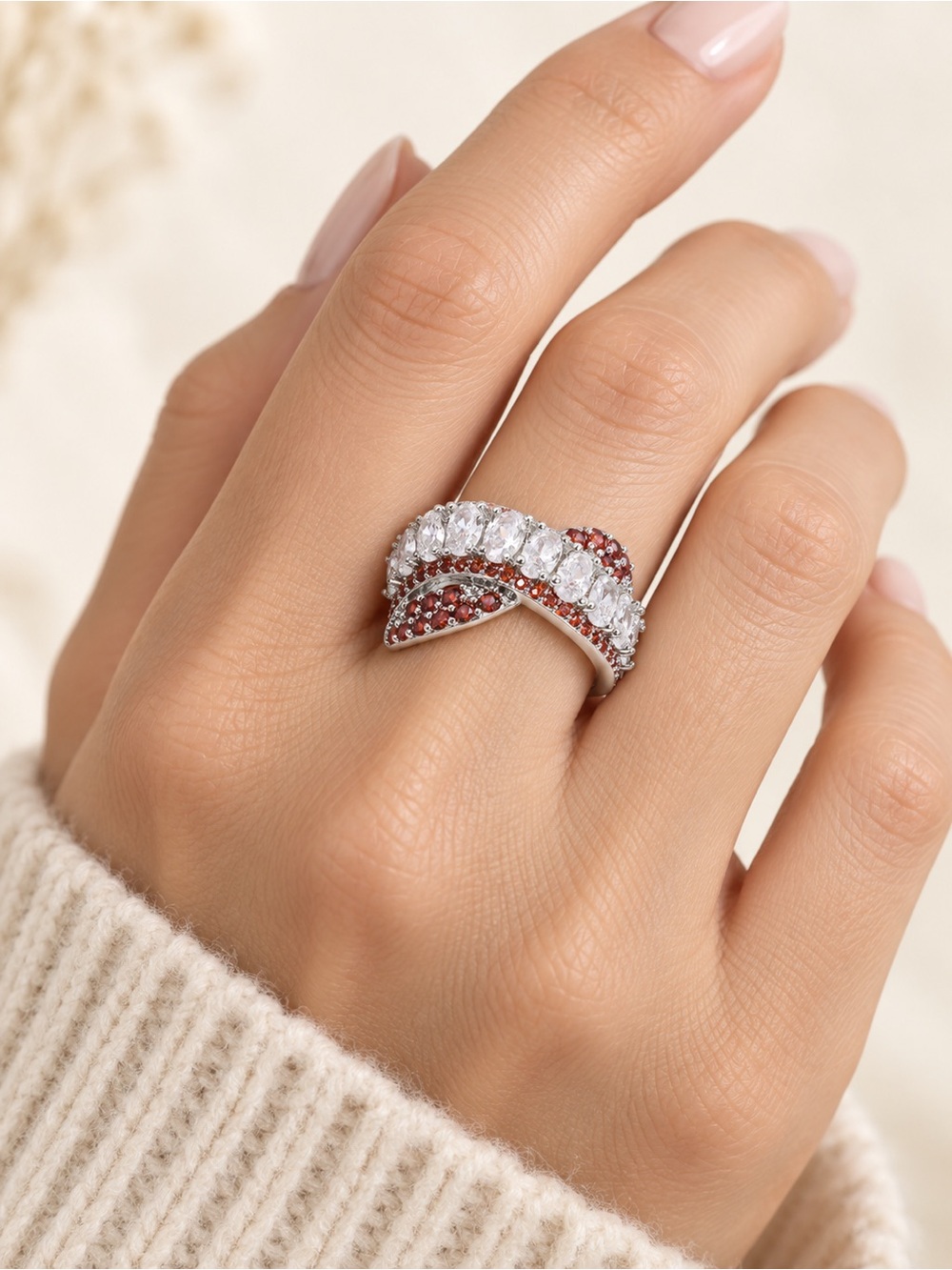 Simulated White & Red Diamond Criss Cross Statement Ring Silvertone